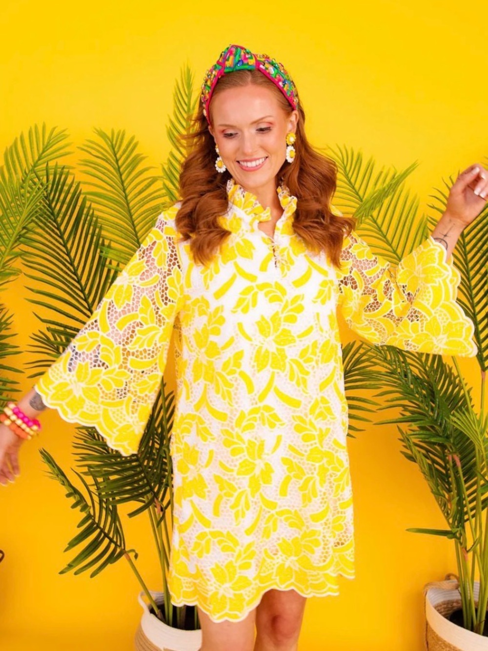 Brianna Cannon, yellow and white lace floral bell sleeve mini dress L/XL